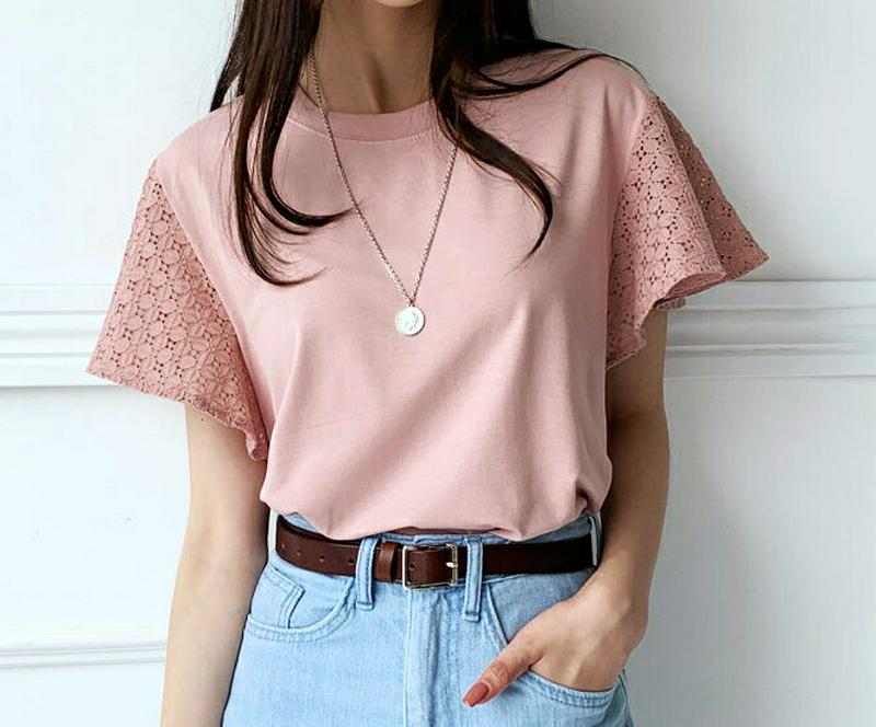 【新作10%OFF】ラウンドレーススリーブTシャツ・全3色・b60413 レディース【tops】【韓国 ファッション トップス 