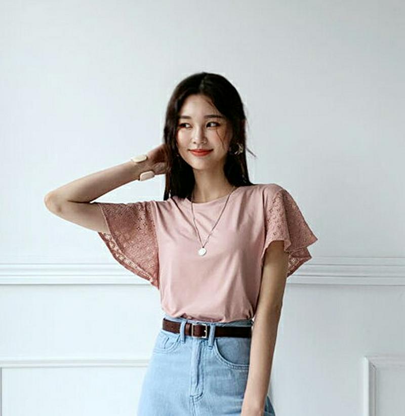 【新作10%OFF】ラウンドレーススリーブTシャツ・全3色・b60413 レディース【tops】【韓国 ファッション トップス 