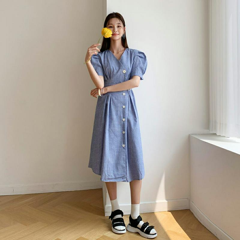 【新作10%OFF】ベルト付ボーダーボタンワンピース・全2色・60428 レディース【ops】【韓国 ファッション ワンピース 