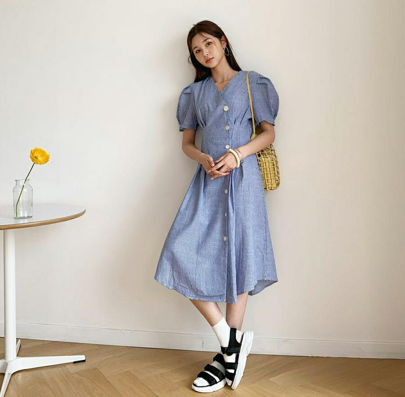 【新作10%OFF】ベルト付ボーダーボタンワンピース・全2色・60428 レディース【ops】【韓国 ファッション ワンピース 