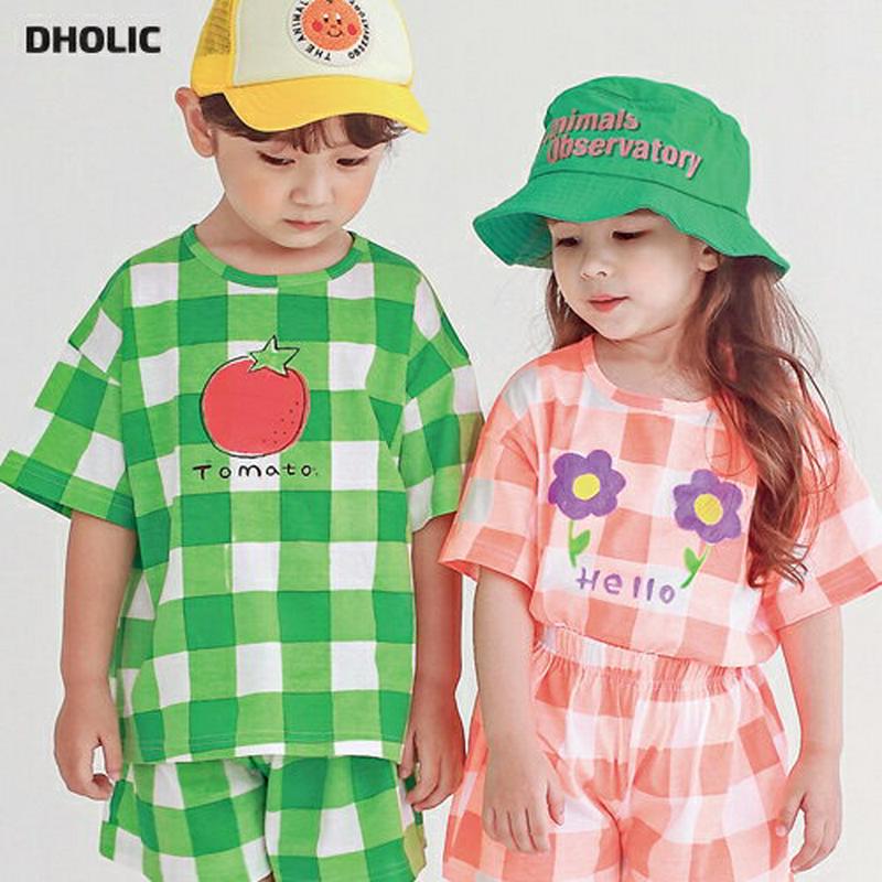 2TYPEプリントチェック柄Tシャツ・p004531 キッズ【3~8才】【tops】【トップス Tシャツ 半袖 ハーフスリーブ チェック柄 プリント ロゴT カジュアル 女の子 男の子 韓国 韓国子供服 子供 こども 子供服 こども服】【KIDS】