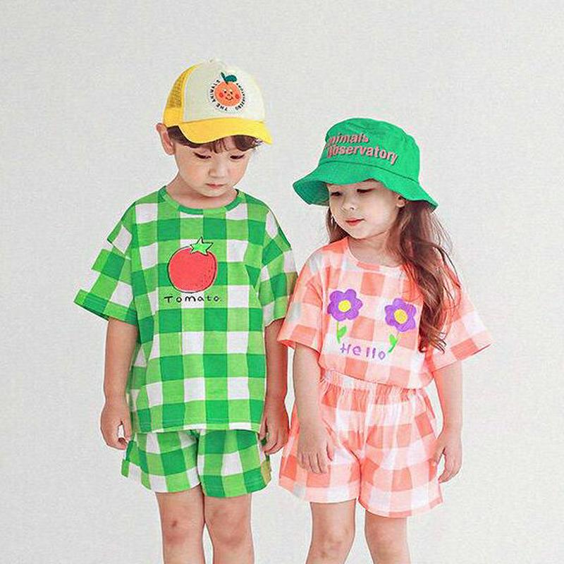 2TYPEプリントチェック柄Tシャツ・p004531 キッズ【3~8才】【tops】【トップス Tシャツ 半袖 ハーフスリーブ チェック柄 プリント ロゴT カジュアル 女の子 男の子 韓国 韓国子供服 子供 こども 子供服 こども服】【KIDS】