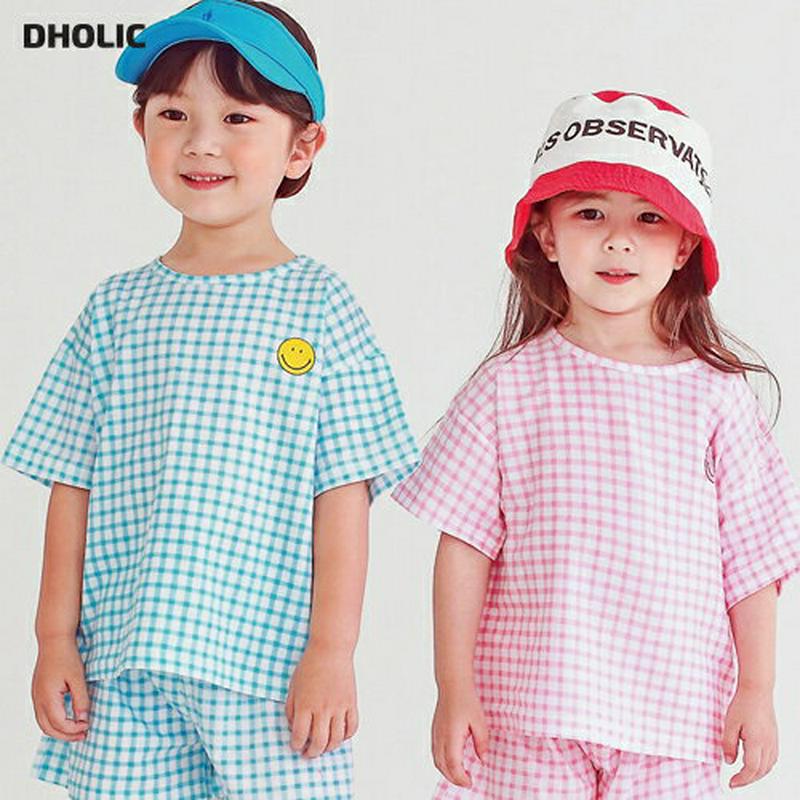 スマイルチェック柄Tシャツ・p004524 キッズ【3~8才】【tops】【トップス Tシャツ 半袖 ハーフスリーブ ラウンドネック チェック柄 ギンガムチェック ラフ 綿 コットン 女の子 男の子 韓国 韓国子供服 子供 こども 子供服 こども服】【KIDS】