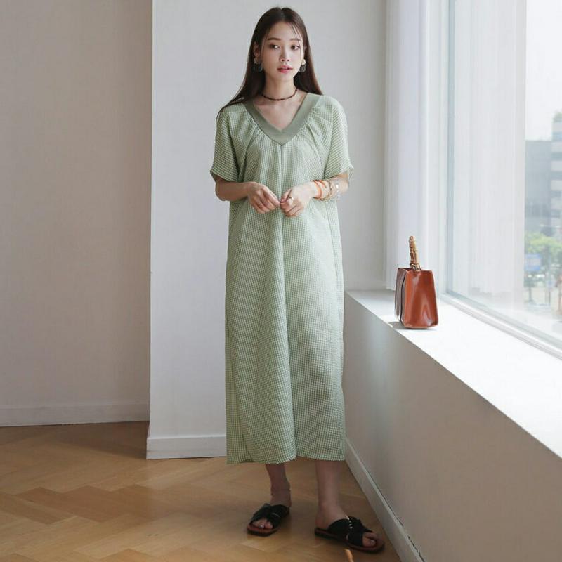 【新作10%OFF】Vネックチェックワンピース・全3色・b63226 レディース【ops】【韓国 ファッション ワンピース ロン