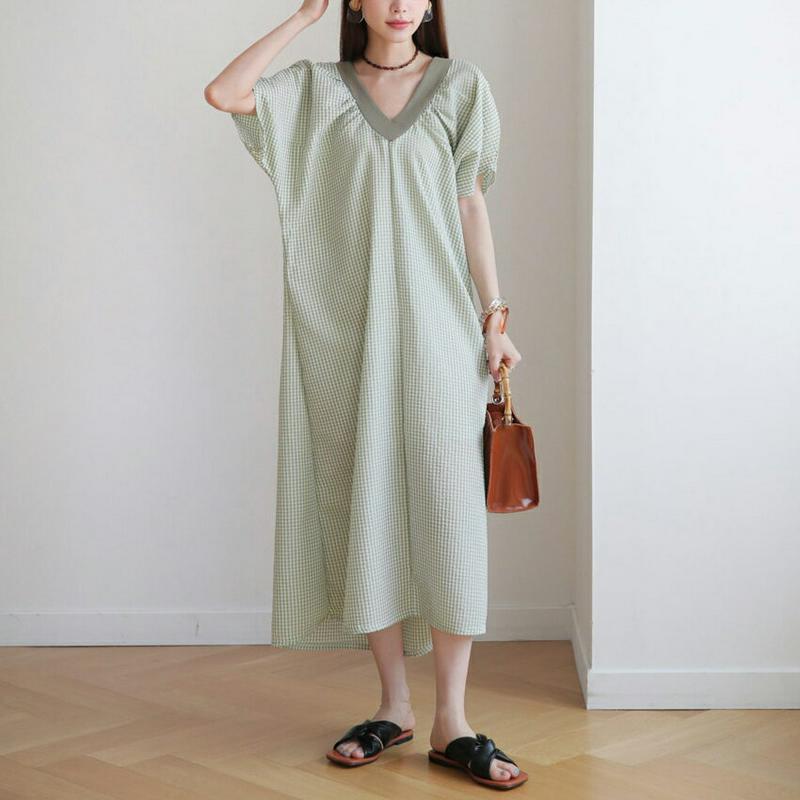 【新作10%OFF】Vネックチェックワンピース・全3色・b63226 レディース【ops】【韓国 ファッション ワンピース ロン