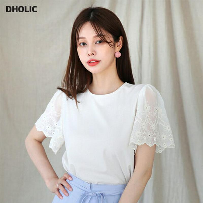 【新作10%OFF】スリーブアイレットレースTシャツ・全2色・b63220 レディース【tops】【韓国 ファッション トップス