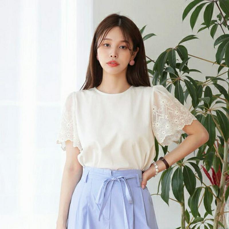 【新作10%OFF】スリーブアイレットレースTシャツ・全2色・b63220 レディース【tops】【韓国 ファッション トップス
