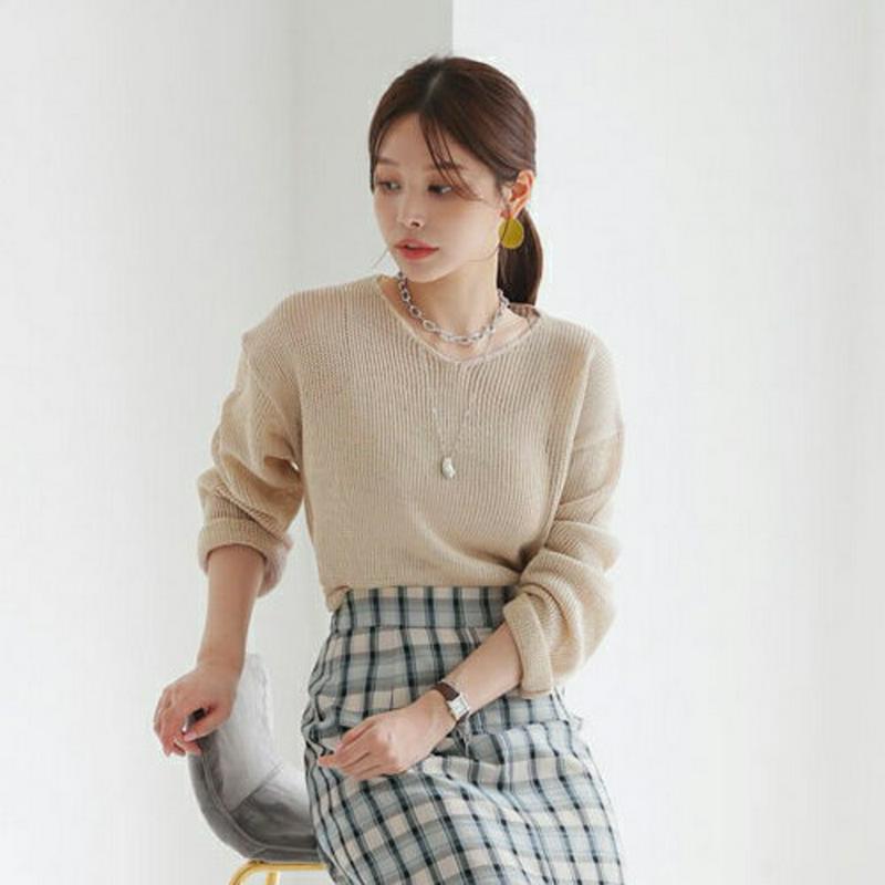 【新作10%OFF】Vネックロングスリーブニット・全3色・t63219 レディース【tops】【韓国 ファッション トップス ニ
