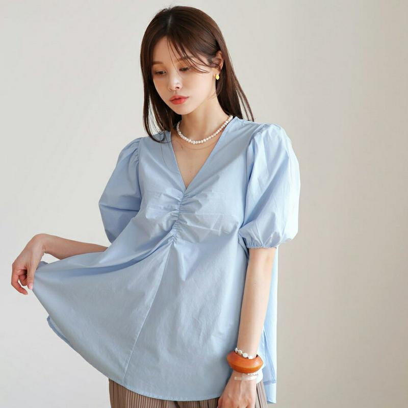 【新作10%OFF】ギャザーVネックブラウス・全4色・b63215 レディース【bl】【韓国 ファッション トップス ブラウス 