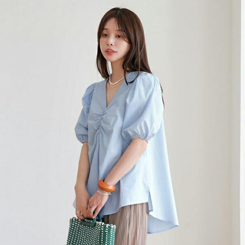 【新作10%OFF】ギャザーVネックブラウス・全4色・b63215 レディース【bl】【韓国 ファッション トップス ブラウス 