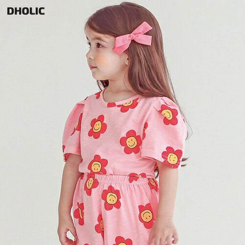 スマイルフラワーTシャツ・p004536 キッズ【3~8才】【tops】【トップス Tシャツ 半袖 パフスリーブ ラウンドネック プリント 花柄 綿 コットン かわいい 可愛い 女の子 韓国 韓国子供服 子供 こども 子供服 こども服】【KIDS】