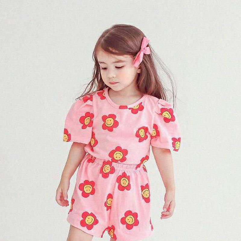 スマイルフラワーTシャツ・p004536 キッズ【3~8才】【tops】【トップス Tシャツ 半袖 パフスリーブ ラウンドネック プリント 花柄 綿 コットン かわいい 可愛い 女の子 韓国 韓国子供服 子供 こども 子供服 こども服】【KIDS】