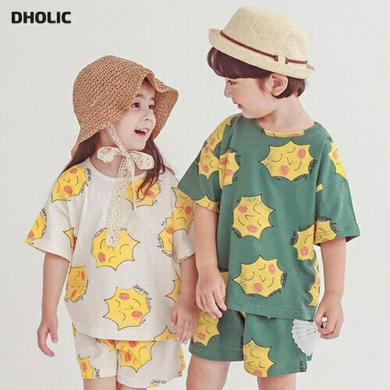 SUNパターン上下SET・p004493 キッズ【3~8才】【set】【セットアップ setup Tシャツ 半袖 パンツ ショート 半ズボン ウエストゴム 女の子 男の子 韓国 韓国子供服 子供 こども 子供服 こども服】【KIDS】