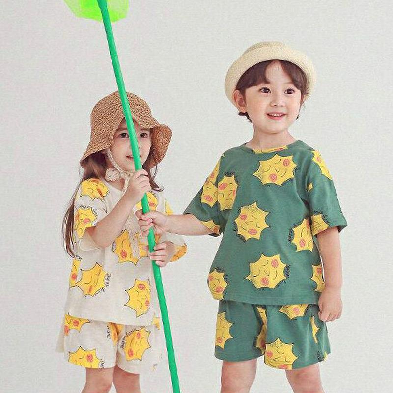 SUNパターン上下SET・p004493 キッズ【3~8才】【set】【セットアップ setup Tシャツ 半袖 パンツ ショート 半ズボン ウエストゴム 女の子 男の子 韓国 韓国子供服 子供 こども 子供服 こども服】【KIDS】