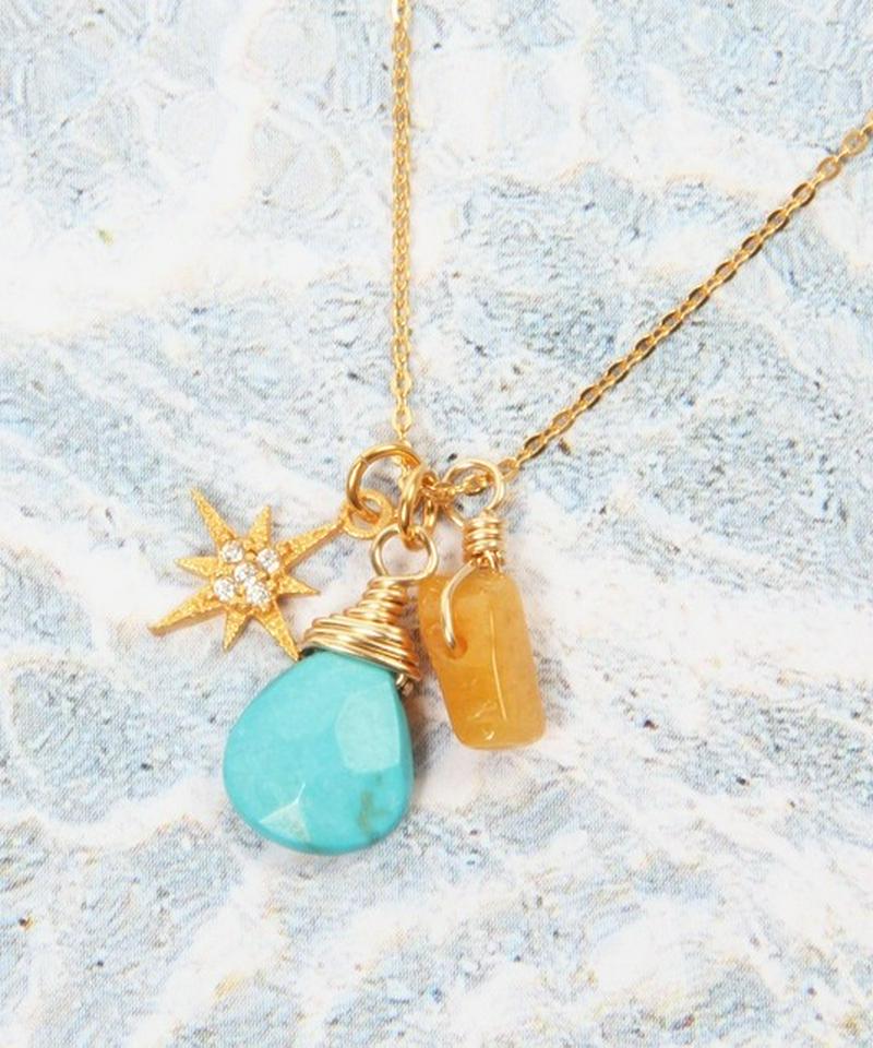 K14GF ターコイズ×アラゴナイト八芒星ガラスチャームネックレス
