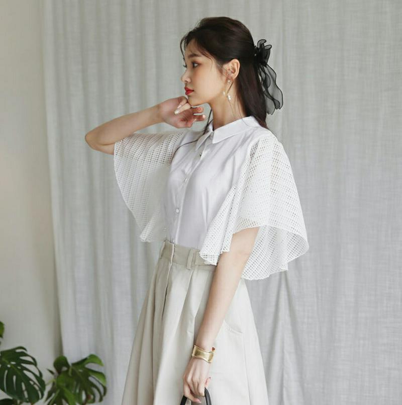 【新作10%OFF】パンチングラッフルスリーブブラウス・全2色・b60582 レディース【bl】【韓国 ファッション トップス 