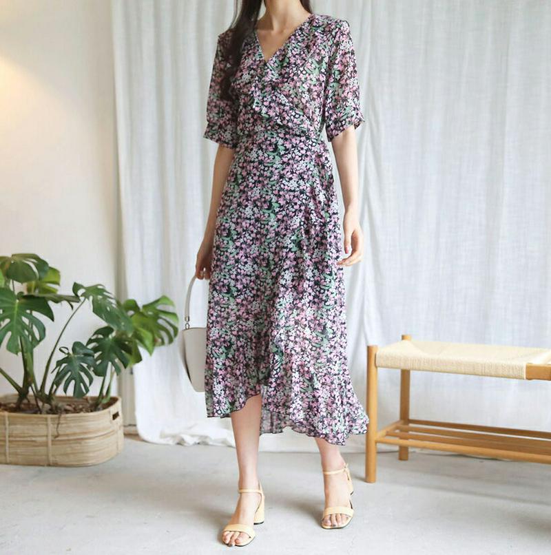 【新作10%OFF】フリル花柄リボンワンピース・全2色・t60583 レディース【ops】【韓国 ファッション ワンピース ロン