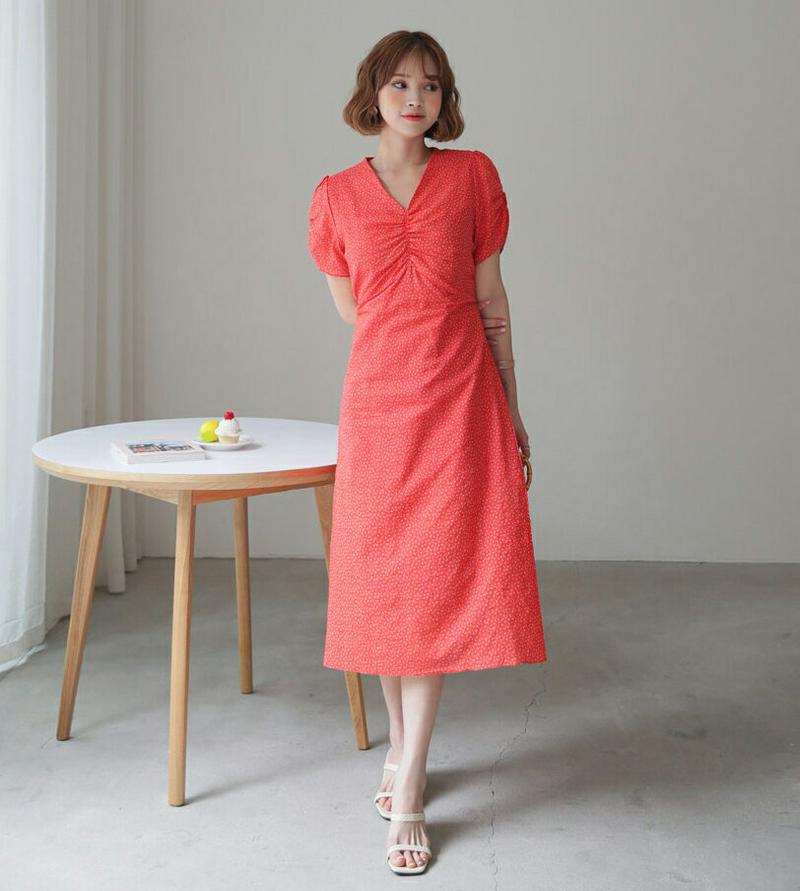 【新作10%OFF】Vネック花柄パフワンピース・全4色・t60558 レディース【ops】【韓国 ファッション ワンピース ロン