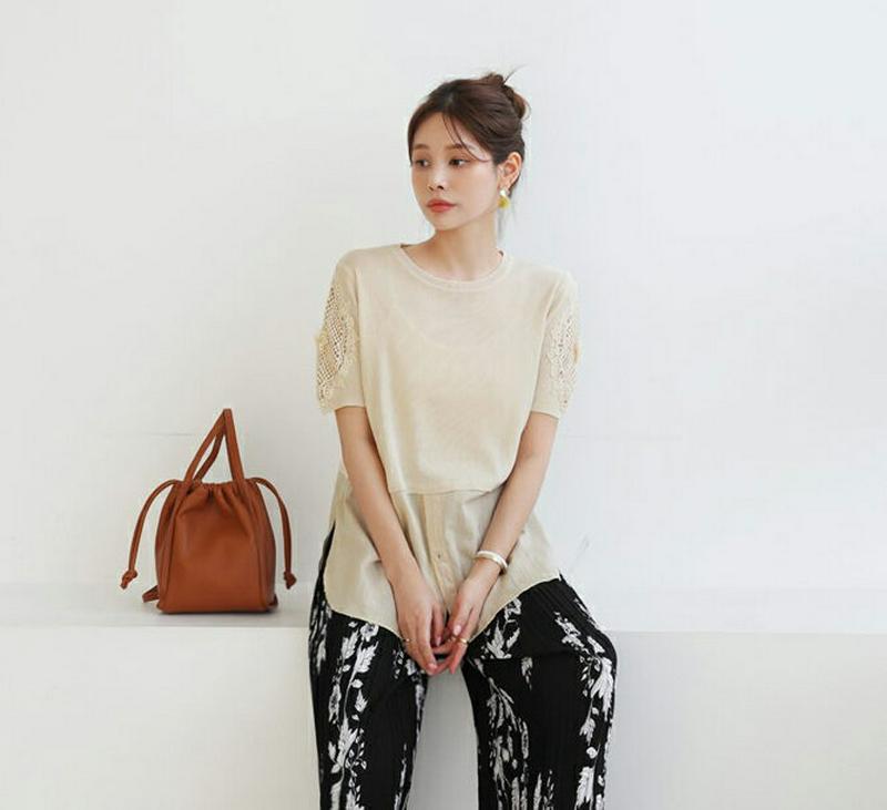 【新作10%OFF】レーススリーブコントラストニット・全3色・b63257 レディース【tops】【韓国 ファッション トップス