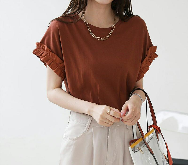 【新作10%OFF】コットンフリルスリーブTシャツ・全4色・b63250 レディース【tops】【韓国 ファッション トップス 