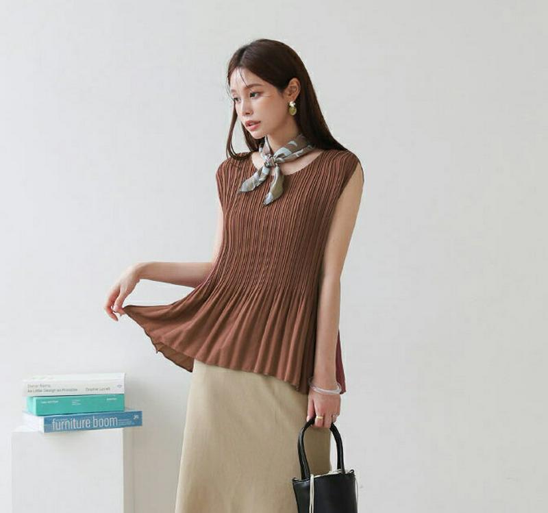 【新作10%OFF】プリーツフレアスリーブレス・全4色・b63258 レディース【tops】【韓国 ファッション トップス スリ