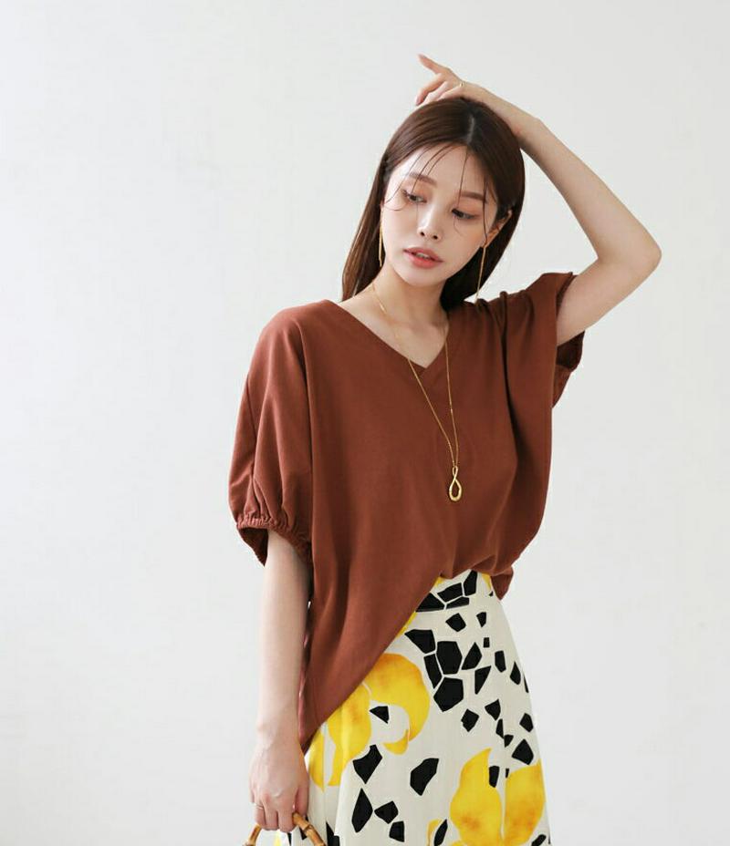 【新作10%OFF】VネックゴムスリーブTシャツ・全4色・b63253 レディース【tops】【韓国 ファッション トップス T