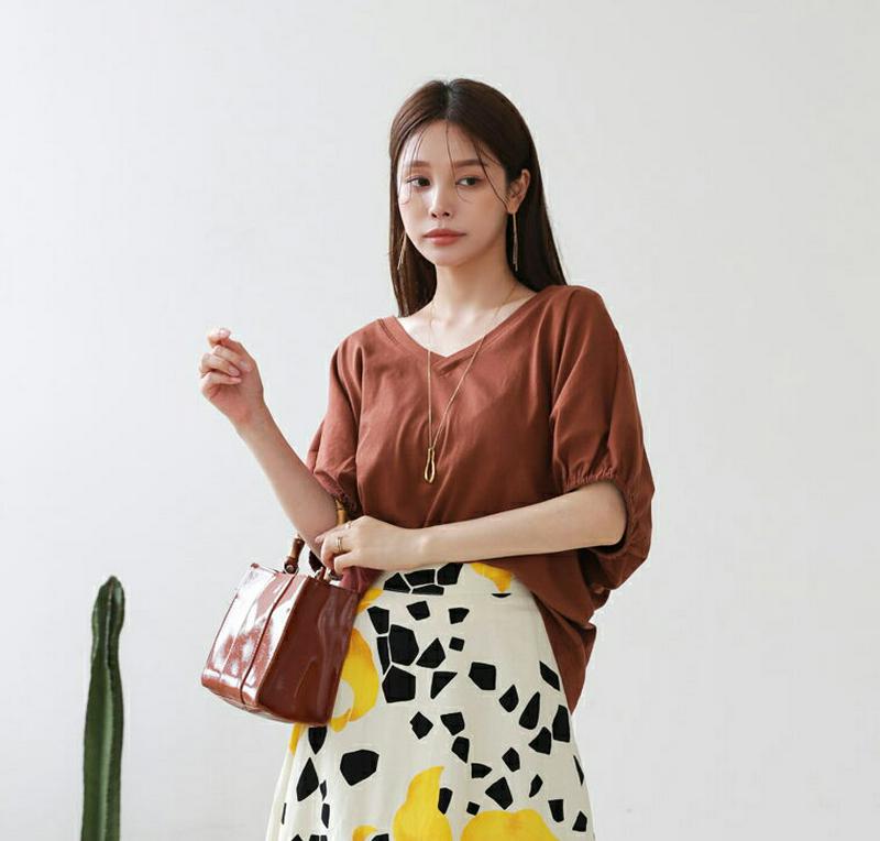 【新作10%OFF】VネックゴムスリーブTシャツ・全4色・b63253 レディース【tops】【韓国 ファッション トップス T