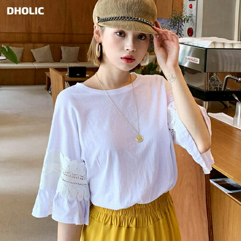 【新作10%OFF】レースフレアスリーブTシャツ・全2色・b60458 レディース【tops】【韓国 ファッション トップス T