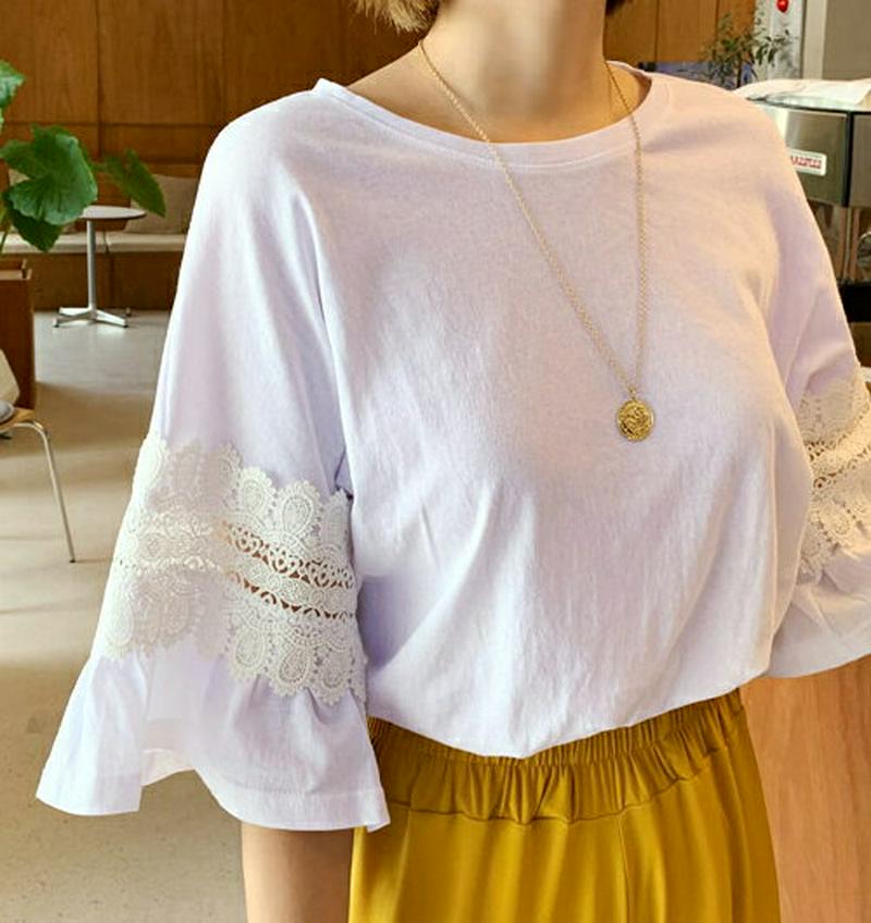 【新作10%OFF】レースフレアスリーブTシャツ・全2色・b60458 レディース【tops】【韓国 ファッション トップス T