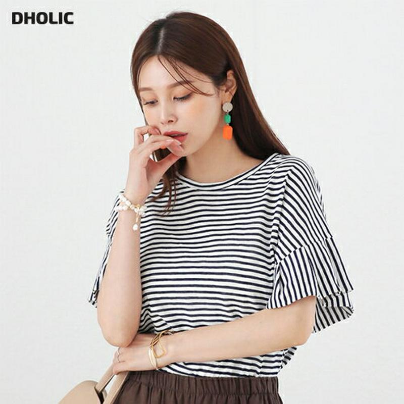 【新作10%OFF】フレアスリーブボーダーTシャツ・全3色・b63330 レディース【tops】【韓国 ファッション トップス 
