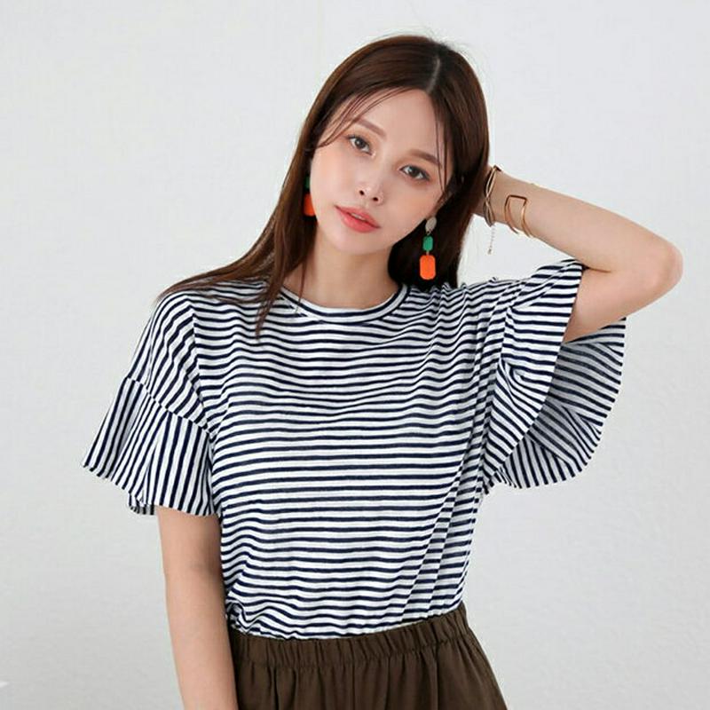 【新作10%OFF】フレアスリーブボーダーTシャツ・全3色・b63330 レディース【tops】【韓国 ファッション トップス 