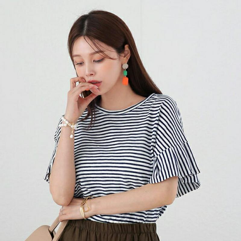 【新作10%OFF】フレアスリーブボーダーTシャツ・全3色・b63330 レディース【tops】【韓国 ファッション トップス 