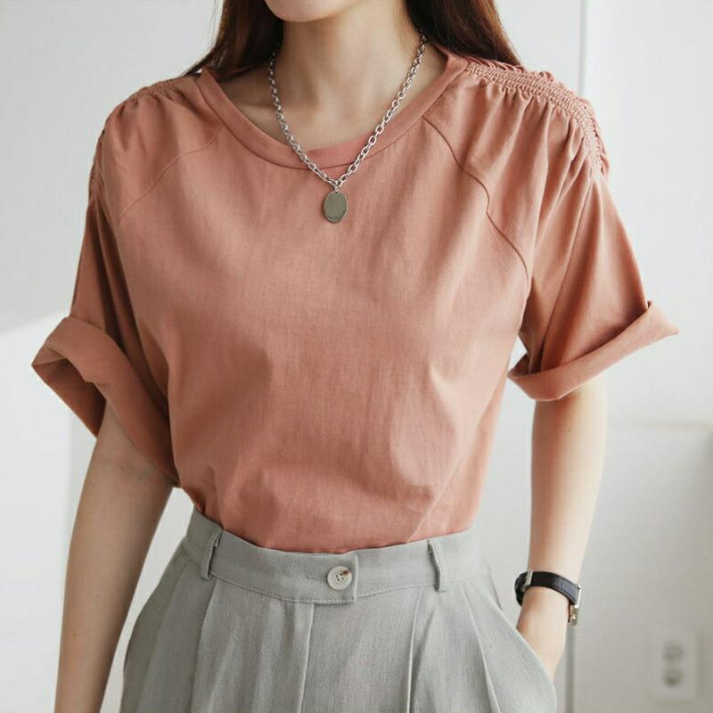 【新作10%OFF】ショルダーシャーリングTシャツ・全4色・b63327 レディース【tops】【韓国 ファッション トップス 
