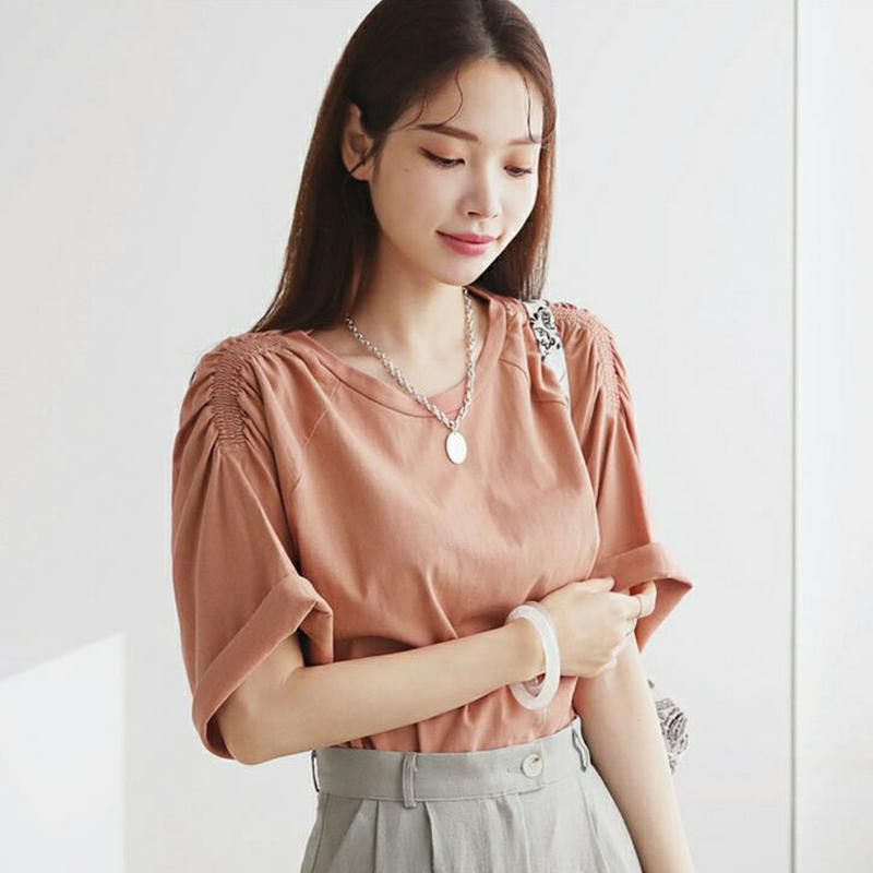 【新作10%OFF】ショルダーシャーリングTシャツ・全4色・b63327 レディース【tops】【韓国 ファッション トップス 