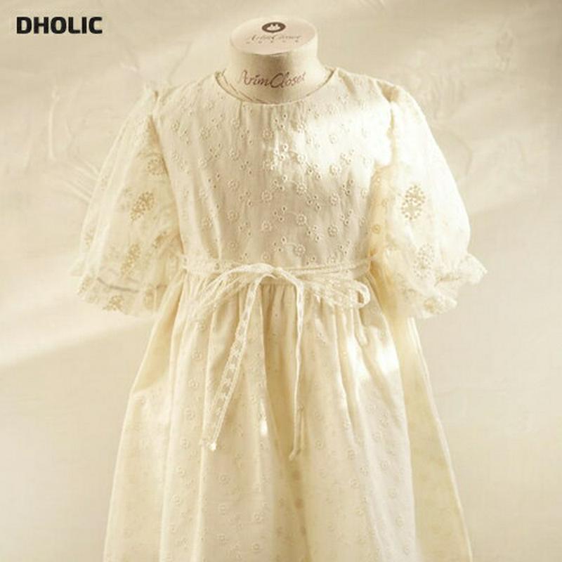 【送料無料】ウエストリボンパンチングレースワンピース・p004565 キッズ【0~2才】【ops】【ワンピース ロングワンピース 半袖 ハーフスリーブ ラウンドネック リボン レース 綿 コットン 女の子 韓国 韓国子供服 子供 こども 子供服 こども服】【KIDS】