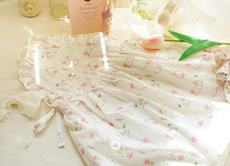 Bunnyストラップフレアワンピース・p004599 キッズ【0~2才】【ops】【ワンピース ロングワンピース フレア フリル 綿 コットン ウサギ ストラップ ノースリーブ 柄 かわいい 女の子 韓国 韓国子供服 子供 こども 子供服 こども服】【KIDS】