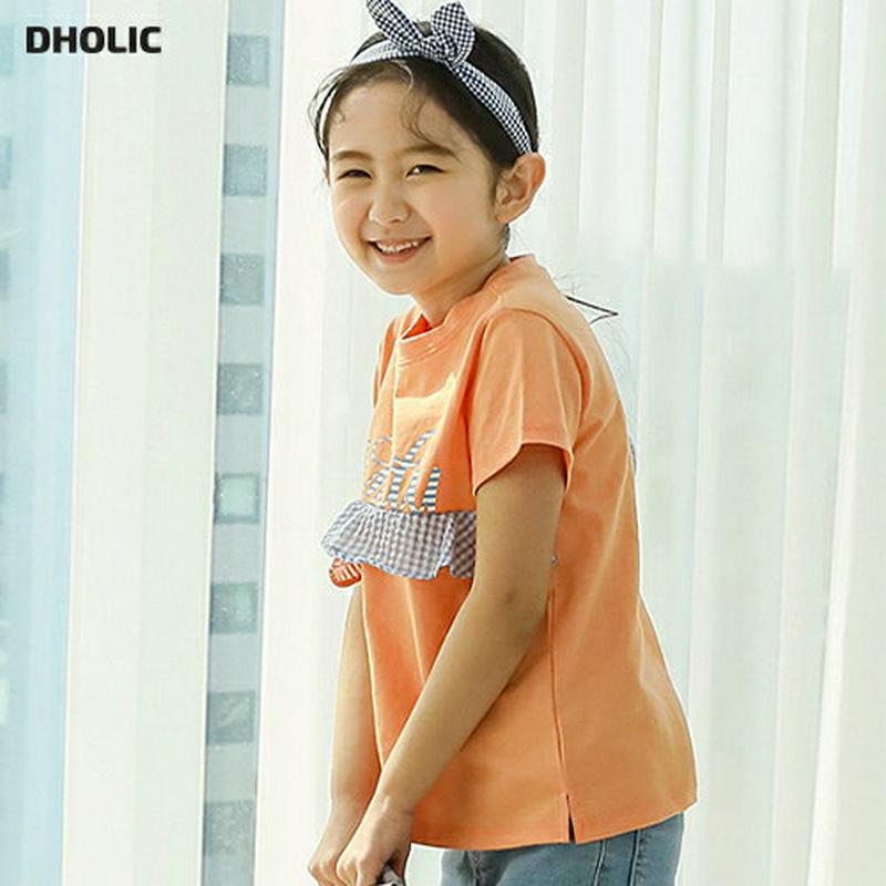 【只今10%OFF】チェックストライプフリルTシャツ p003597・キッズ 【3~8才】【tops】【韓国 ファッション トッ