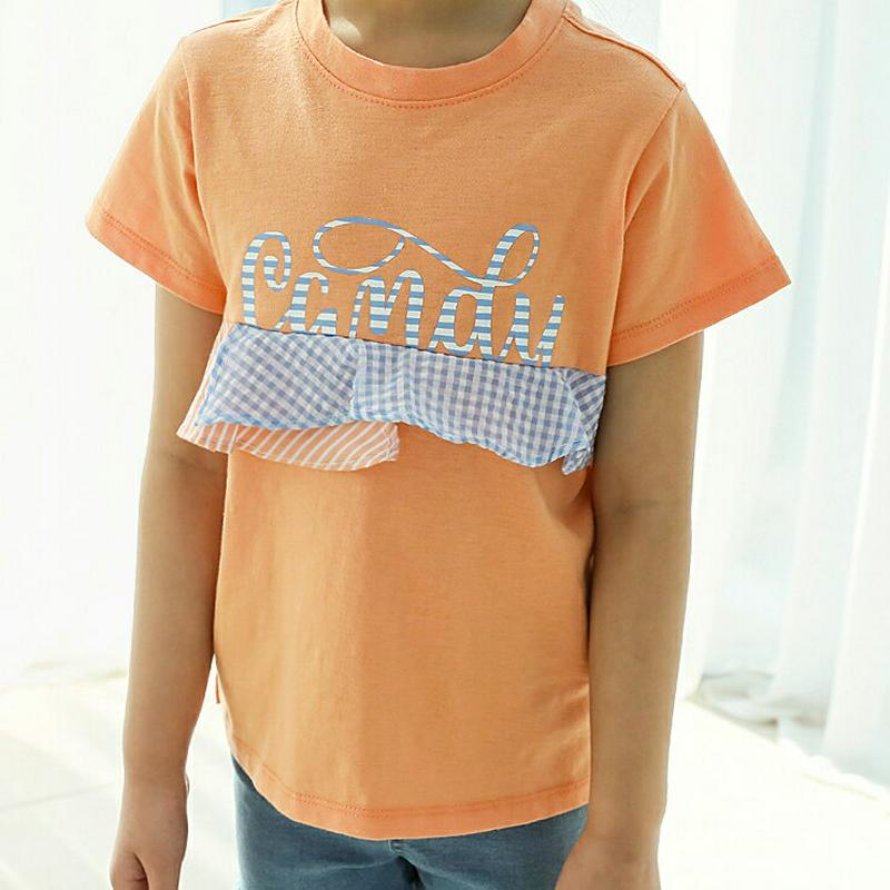 【只今10%OFF】チェックストライプフリルTシャツ p003597・キッズ 【3~8才】【tops】【韓国 ファッション トッ