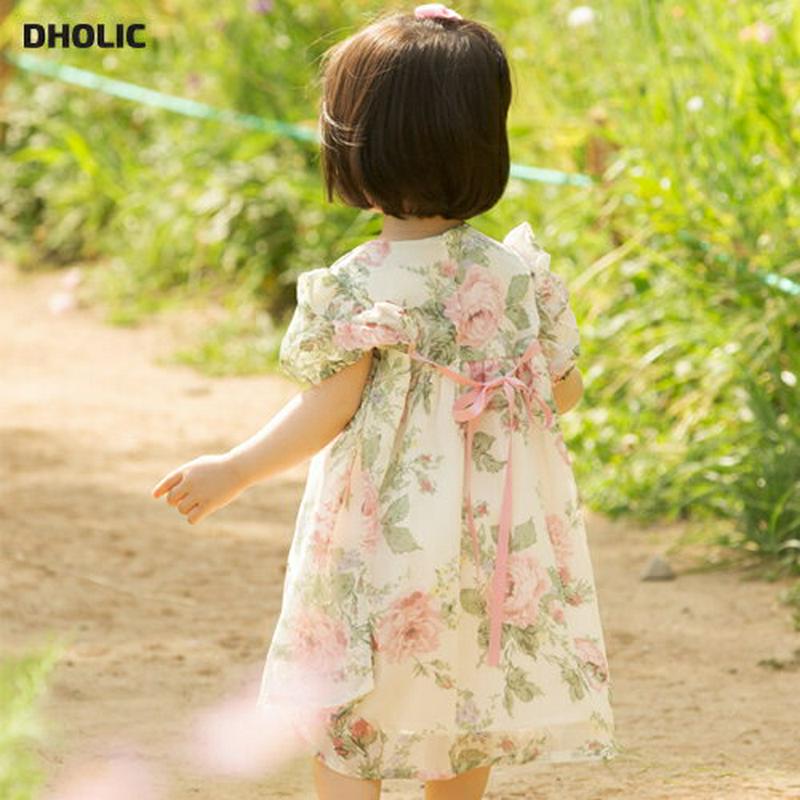 バックリボンローズプリントワンピース・p004603 キッズ【0~2才】【ops】【ワンピース ロングワンピース パフスリーブ リボン 花柄 かわいい 女の子 ベビー 韓国 韓国子供服 子供 こども 子供服 こども服】【KIDS】