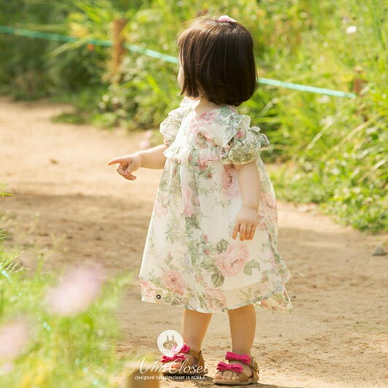 バックリボンローズプリントワンピース・p004603 キッズ【0~2才】【ops】【ワンピース ロングワンピース パフスリーブ リボン 花柄 かわいい 女の子 ベビー 韓国 韓国子供服 子供 こども 子供服 こども服】【KIDS】