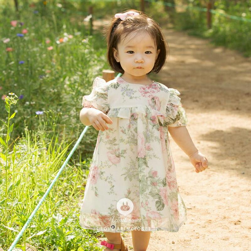 バックリボンローズプリントワンピース・p004603 キッズ【0~2才】【ops】【ワンピース ロングワンピース パフスリーブ リボン 花柄 かわいい 女の子 ベビー 韓国 韓国子供服 子供 こども 子供服 こども服】【KIDS】