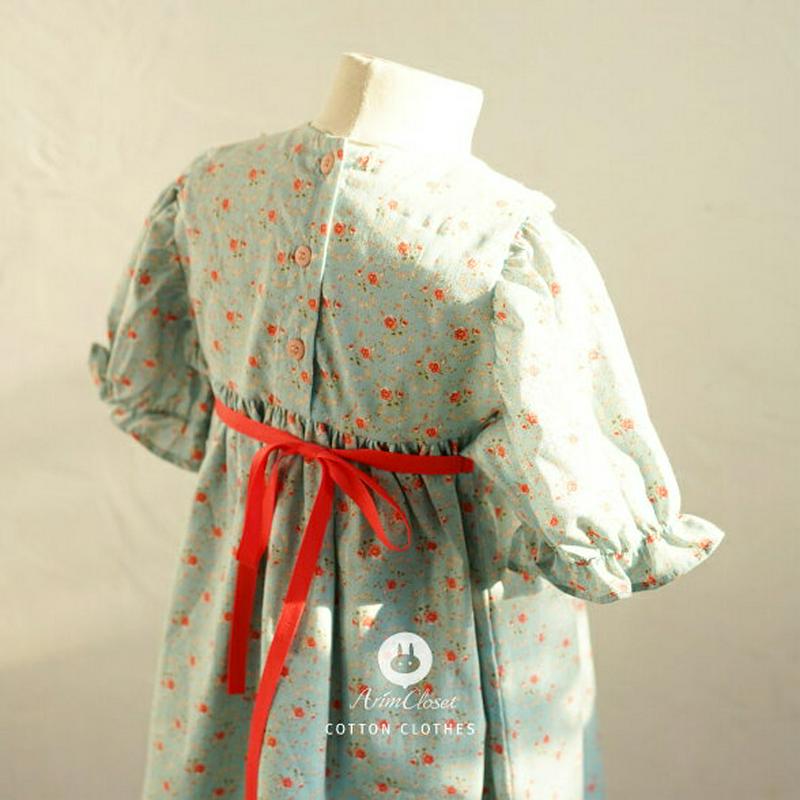 バックリボンレースカラーワンピース・p004577 キッズ【0~2才】【ops】【ワンピース ロング丈 ロングワンピース 半袖　パフスリーブ リボン レース レースカラー 花柄 かわいい 女の子 ベビー 韓国 韓国子供服 子供 こども 子供服 こども服】【KIDS】