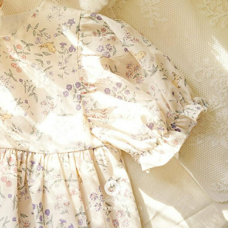 レースストラップ花柄フレアワンピース・p004568 キッズ【0~2才】【ops】【ワンピース ロングワンピース 半袖 パフスリーブ レース ストラップ 花柄 フレア ラウンドネック 女の子 かわいい 韓国 韓国子供服 子供 こども 子供服 こども服】【KIDS】