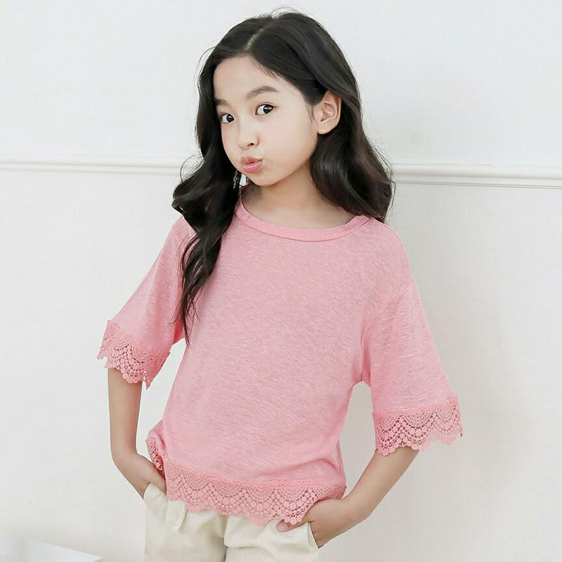 【只今10%OFF】レースヘムリネン混Tシャツ・p003678 キッズ【3~8才】【tops】【トップス Tシャツ 半袖 ハーフ
