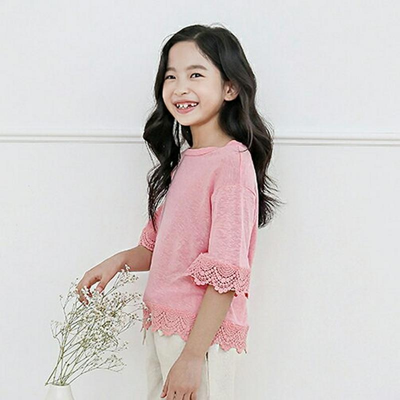 【只今10%OFF】レースヘムリネン混Tシャツ・p003678 キッズ【3~8才】【tops】【トップス Tシャツ 半袖 ハーフ