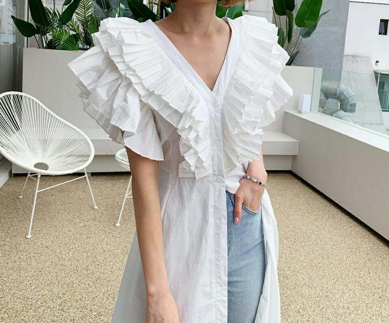 プリーツフリルワンピース・全3色・t60643 レディース【ops】【韓国 ファッション ワンピース ロングワンピース プリーツ フリル Vネック 鎖骨 デコルテ リボン ショートスリーブ ユニーク 大人 夏】