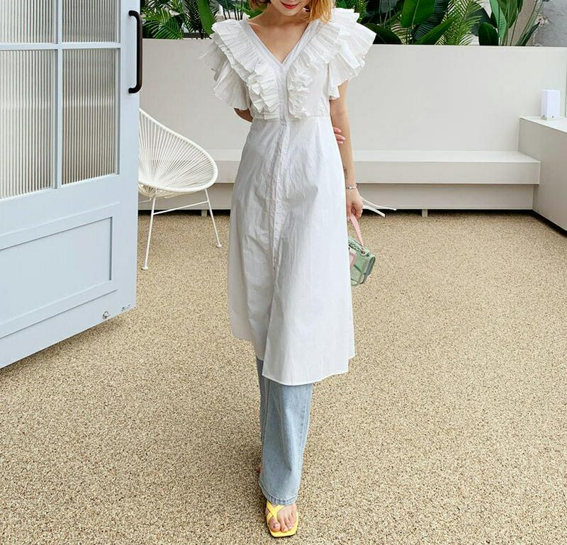 プリーツフリルワンピース・全3色・t60643 レディース【ops】【韓国 ファッション ワンピース ロングワンピース プリーツ フリル Vネック 鎖骨 デコルテ リボン ショートスリーブ ユニーク 大人 夏】