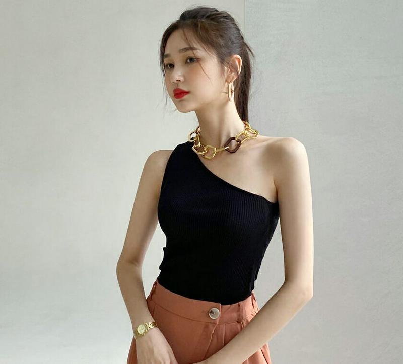【新作10%OFF】ワンショルリブスリーブレス・全2色・b60484 レディース【tops】【韓国 ファッション トップス スリ
