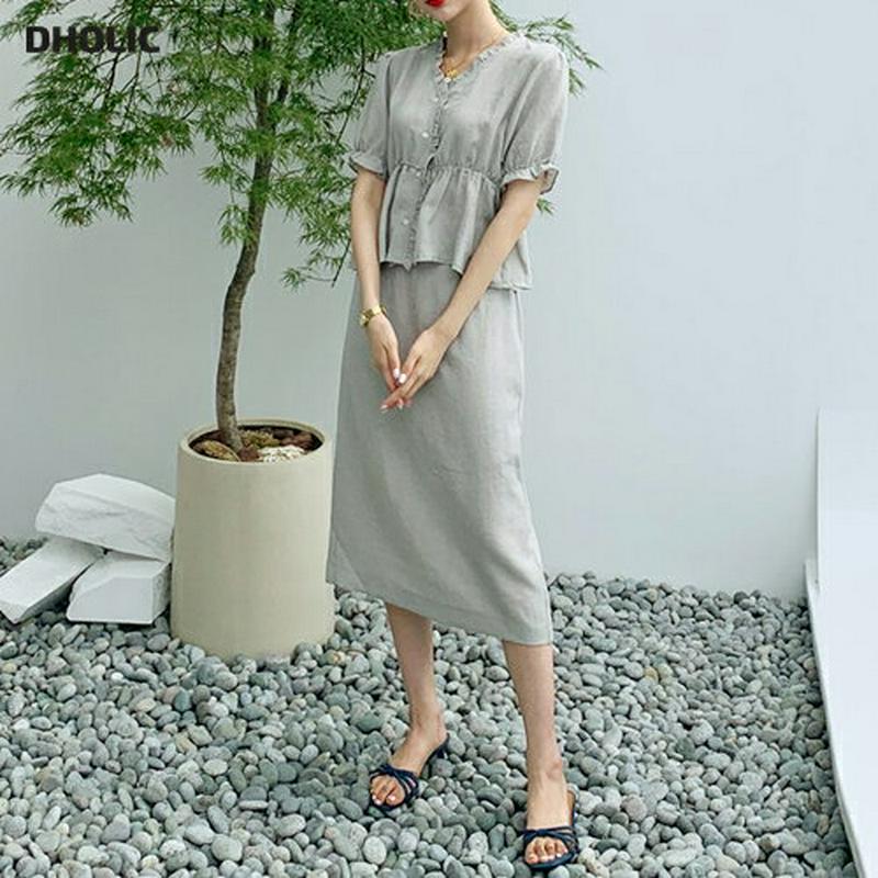 【新作10%OFF】フリルボタンブラウス&HラインスカートSET・全2色・t60503 レディース【ops】【韓国 ファッション