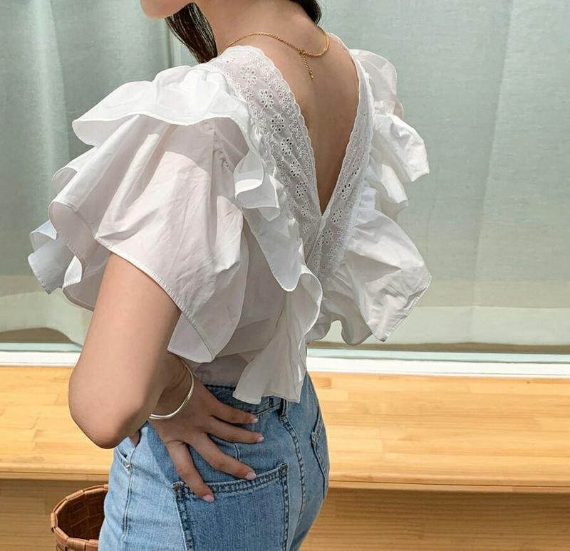 ≪人気商品再入荷≫フリルVネックブラウス・全2色・t60525 レディース【bl】 韓国 ファッション トップス ブラウス フリル Vネック 鎖骨 デコルテ アイレットレース レース フレア ショートスリーブ かわいい 夏